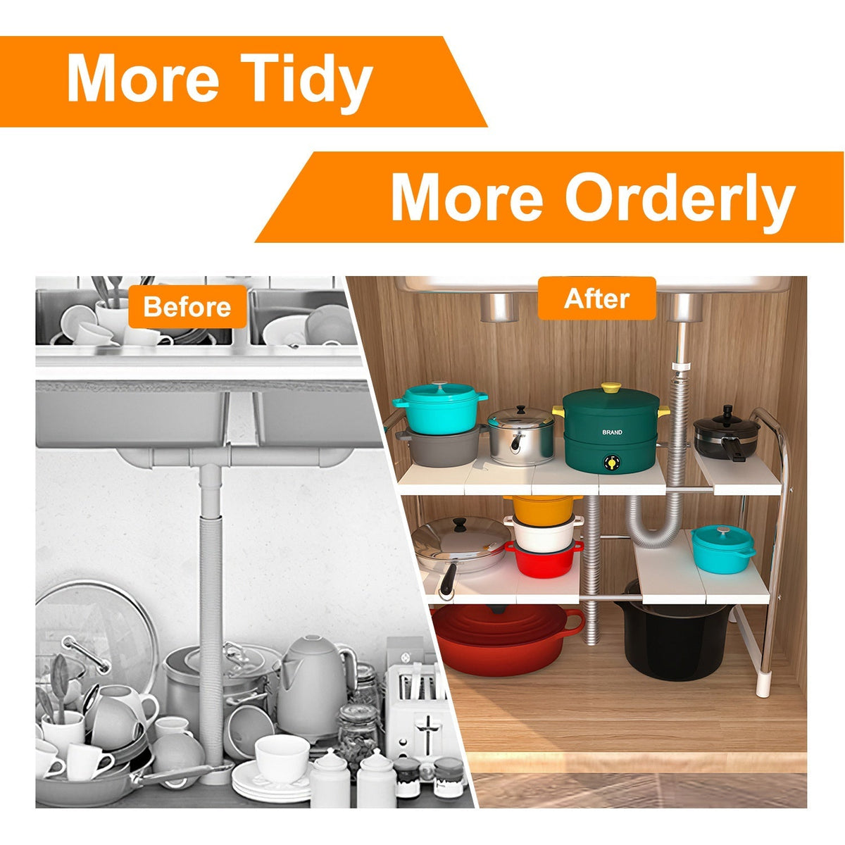 2 Tier Under Sink Organizer Retractable Kitchenware Rack Holders Space Saving Storage Shelf 55LBS Max Load