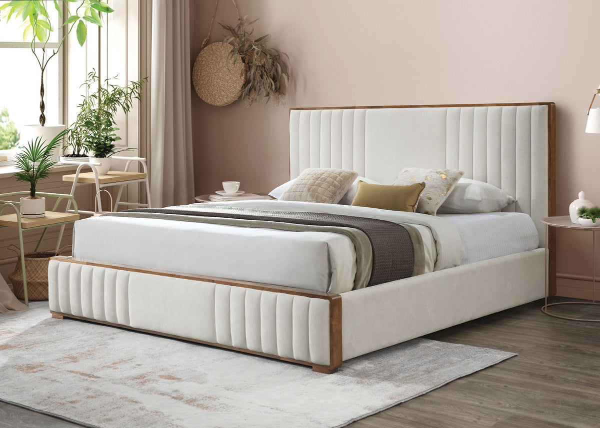 Queen Upholstered Bed with Channel-Tufted Headboard - Beige