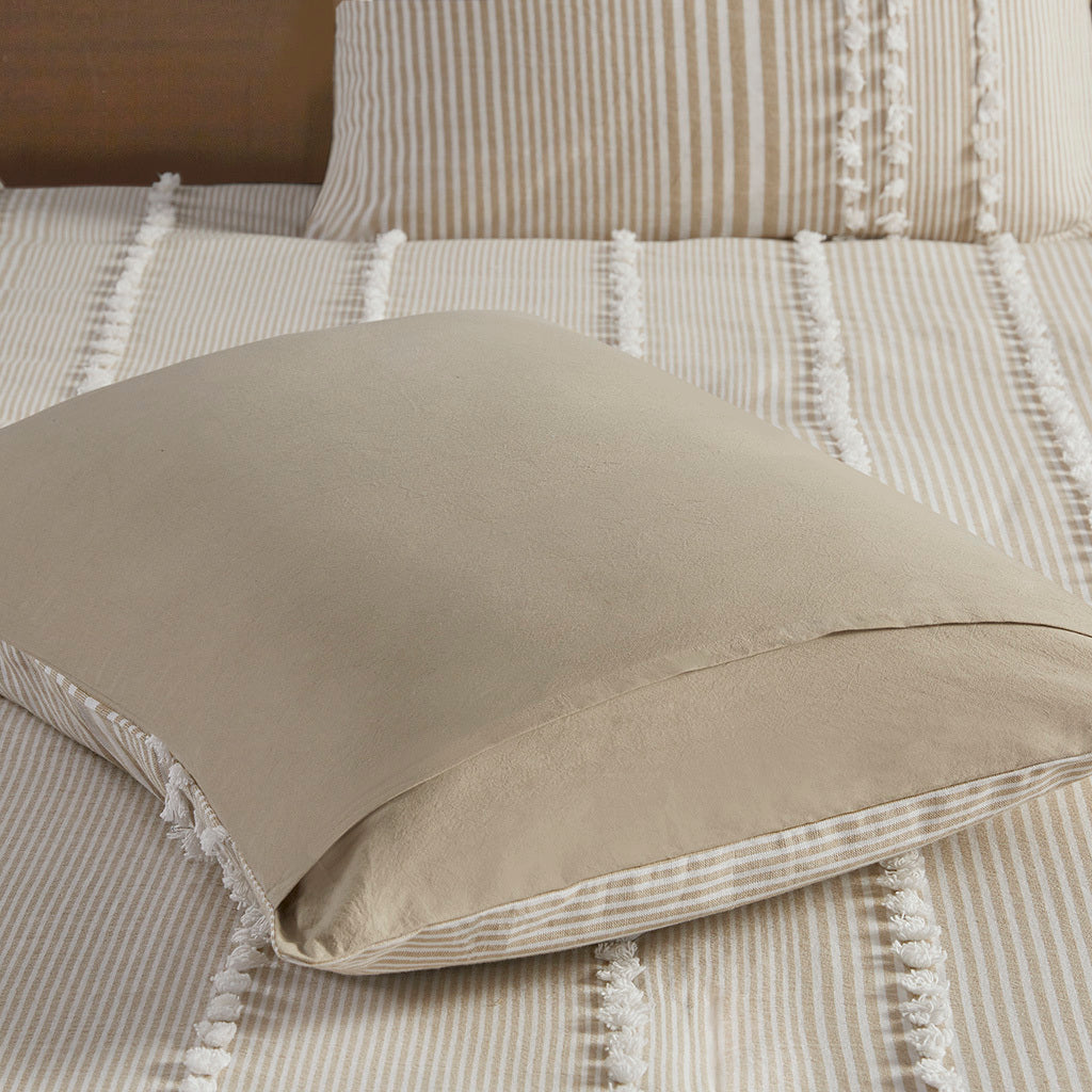 King 3 Piece Cotton Yarn Dyed Duvet Cover Set with Tufted Chenille - Taupe Stripes