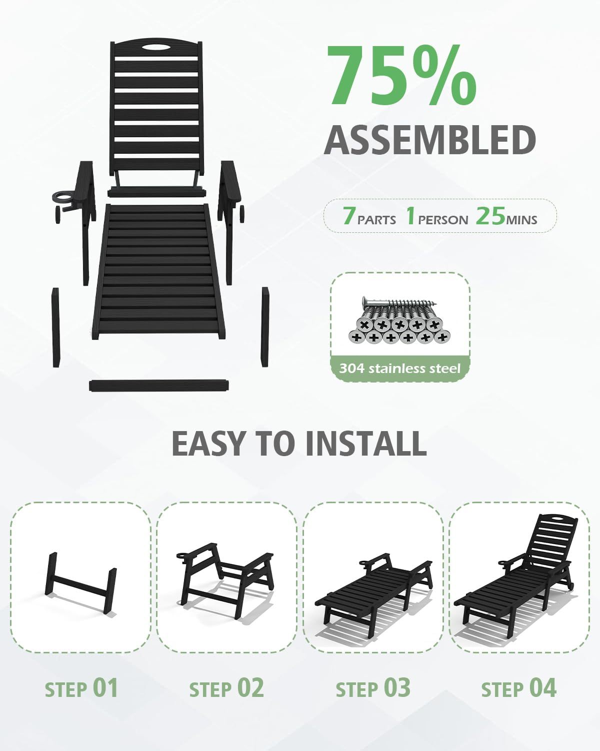 Outdoor Chaise Lounge with Reclining Backrest - Black