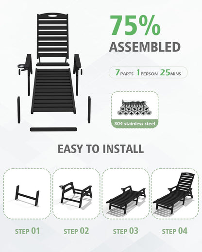 Outdoor Chaise Lounge with Reclining Backrest - Black