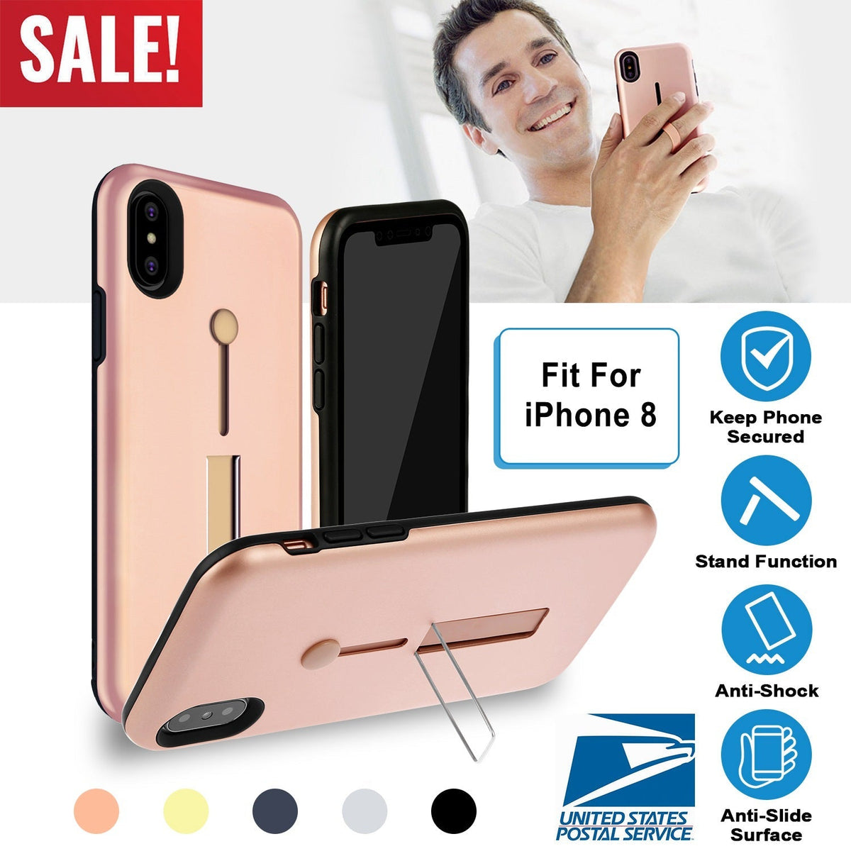 Finger Strap Phone Case for iPhone  8 Drop-prot ection Finger Ring Rugged Phone Case with Kickstand Dual Layer Case