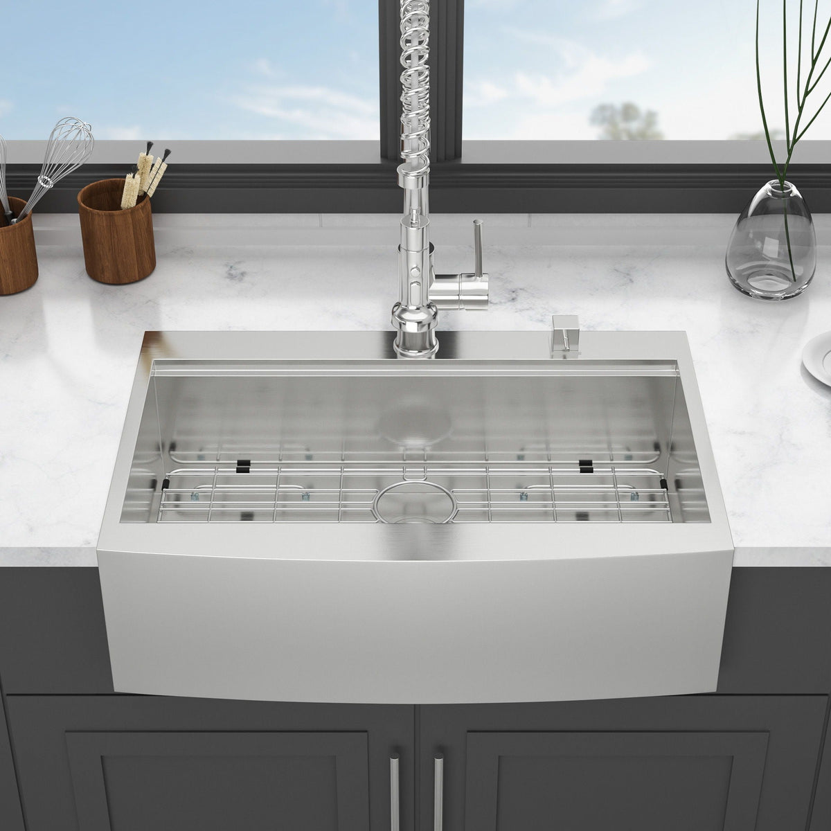 Modern Farmhouse Drop-In Workstation Kitchen Sink with Apron Front - Gray