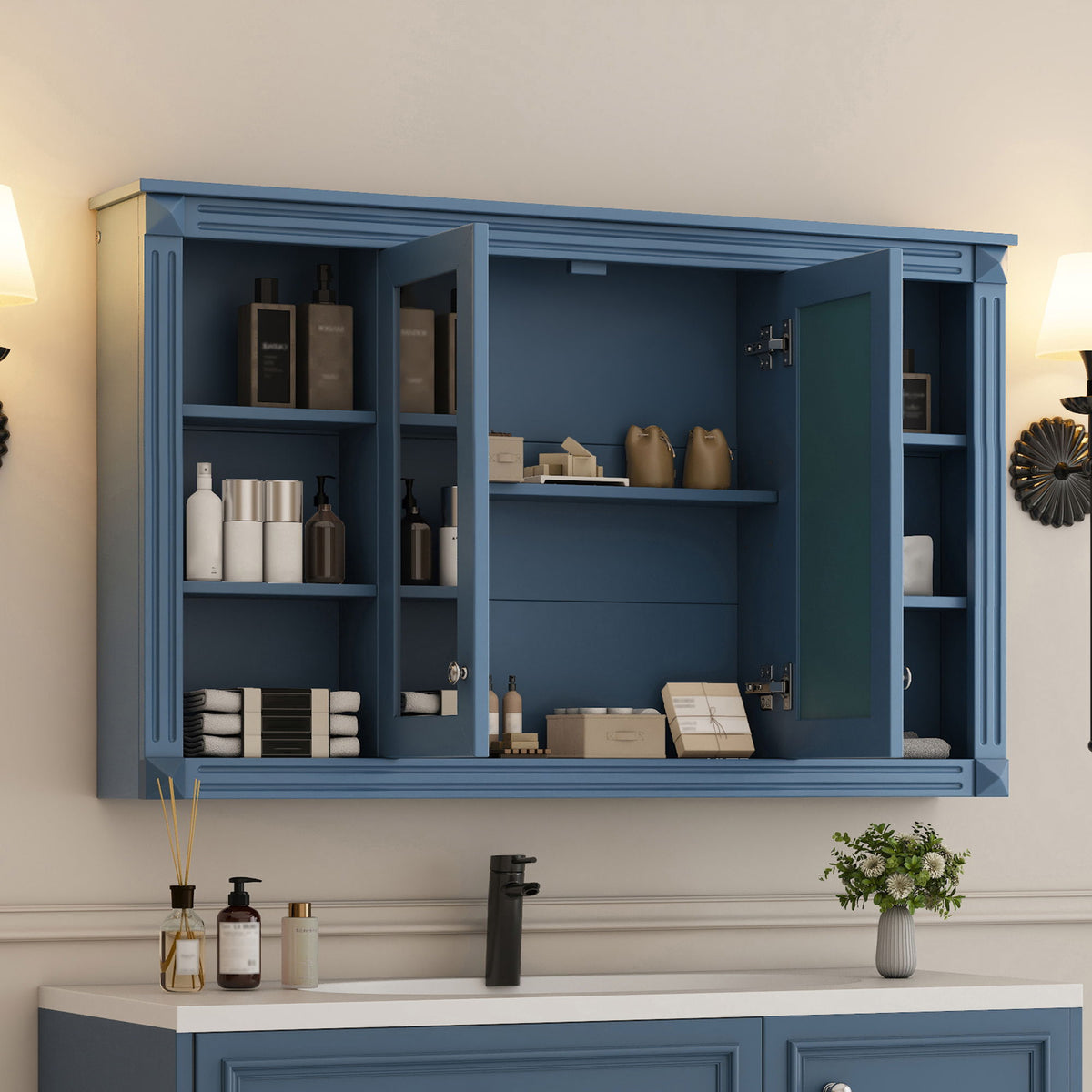 Wall-Mounted Mirror Cabinet with Adjustable Shelf and Open Shelves - White or Blue