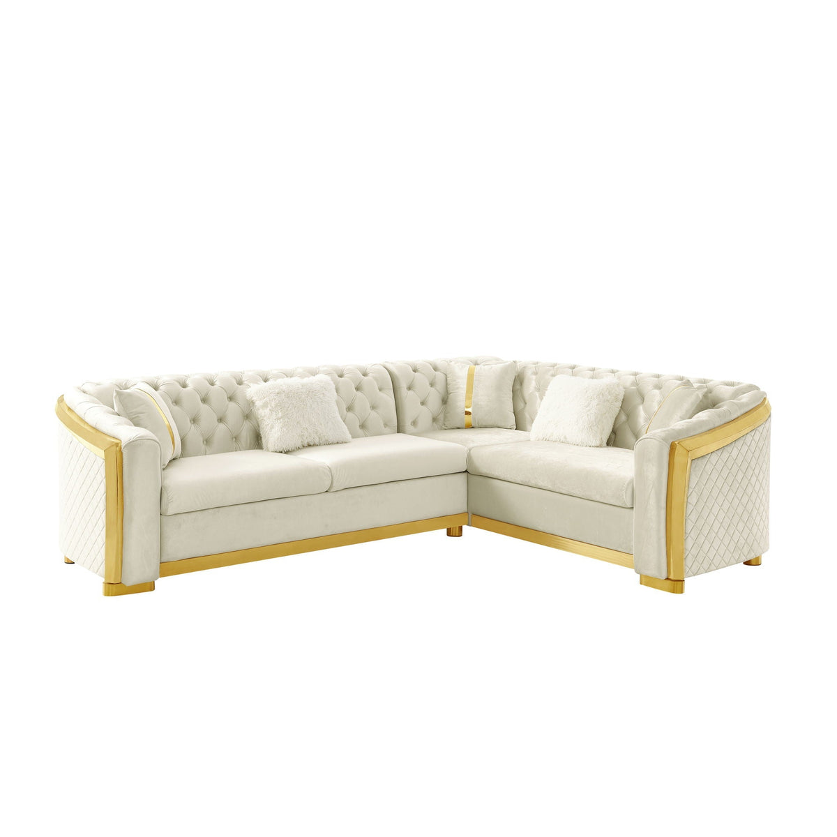 L Shaped Chesterfield Sectional Sofa with Stainless Steel Accents - Pink, Black, Beige