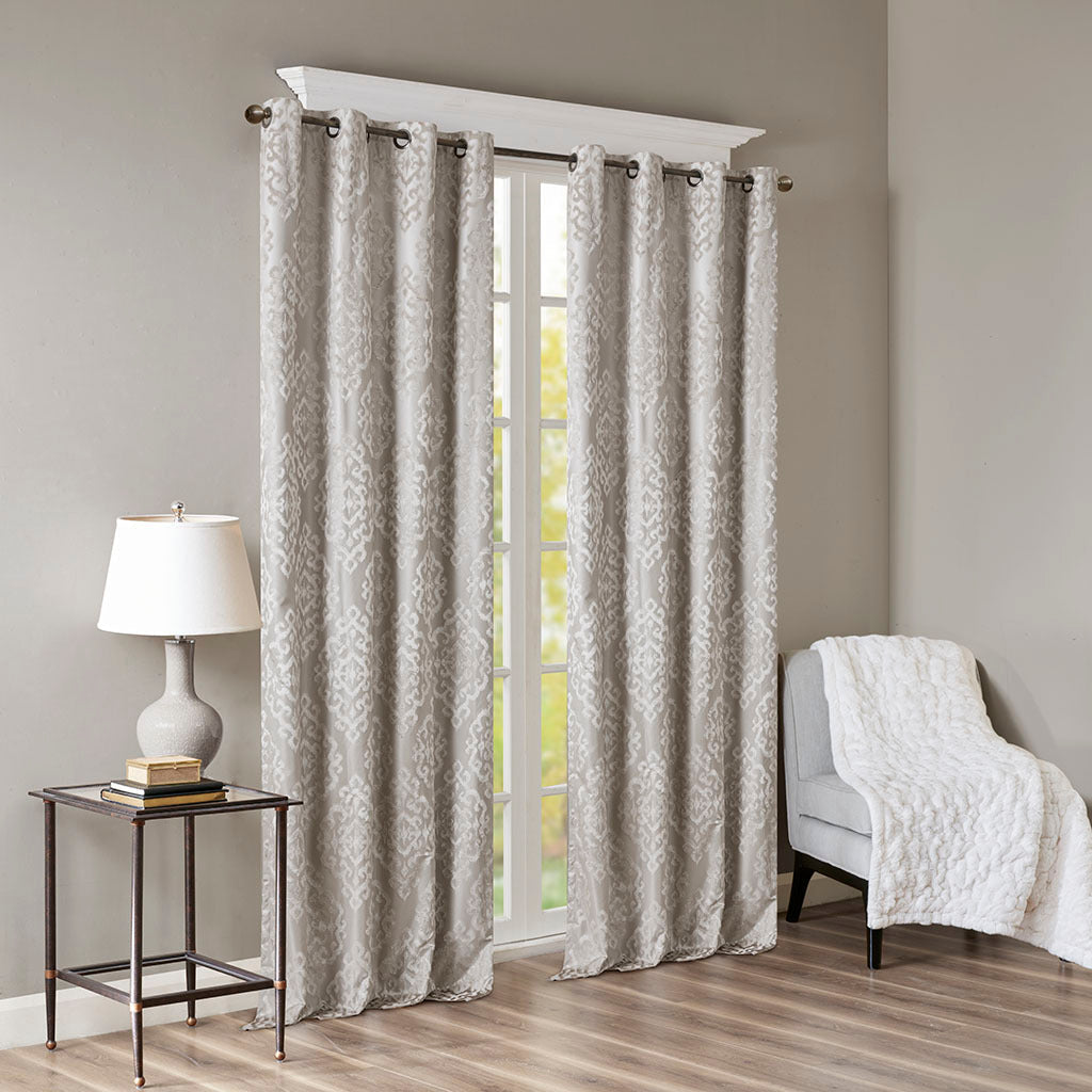 Knitted Jacquard Damask Total Blackout Curtain Panel with Silver Grommets - Silver
