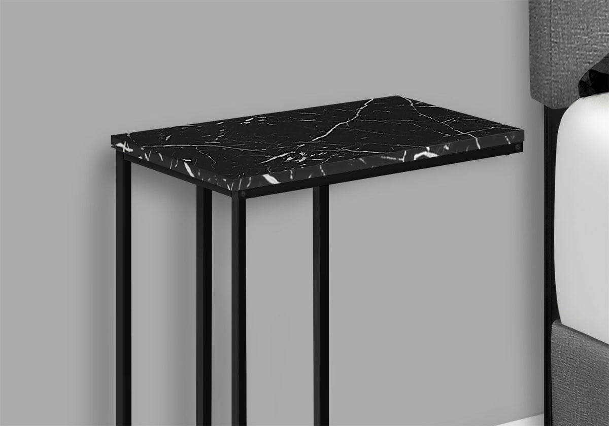 Black C-Shaped Accent Table with Marble-Look Top - Modern Metal Base