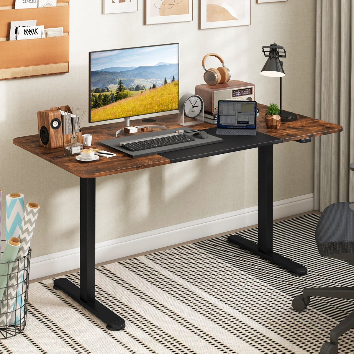 55 Inch Electric Standing Desk Adjustable with Cable Management Hole-Brown