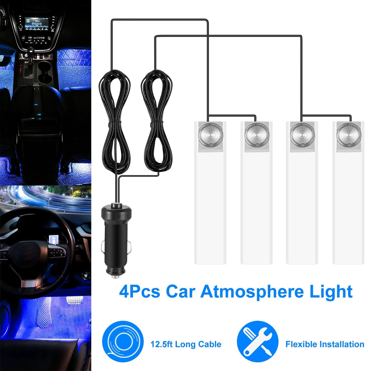 4Pcs Car Interior LED Atmosphere Light Car Charge Decorative Lamp DC 12V Blue Light