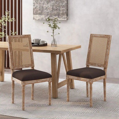 French Country Dining Chair with Rectangular Cane Backrest and Upholstered Seat