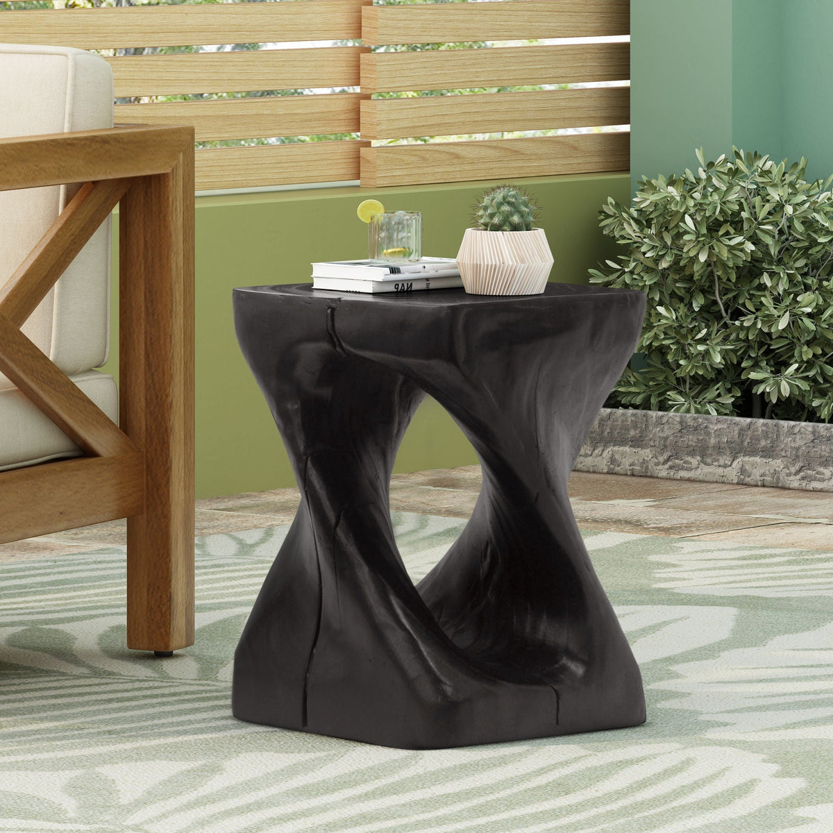Twist Shape Side Table with Weather-Resistant Magnesium Oxide - Light Brown or Black