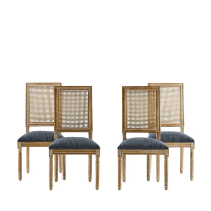 French Country Dining Chair with Rectangular Cane Backrest and Upholstered Seat