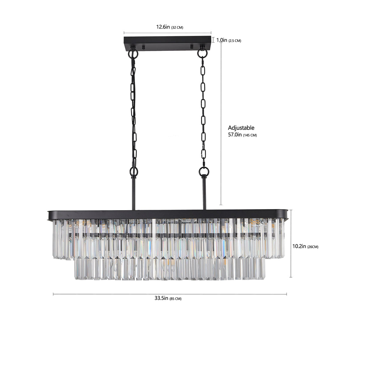Rectangular Crystal Chandelier with Adjustable Height - Black Iron & Crystal