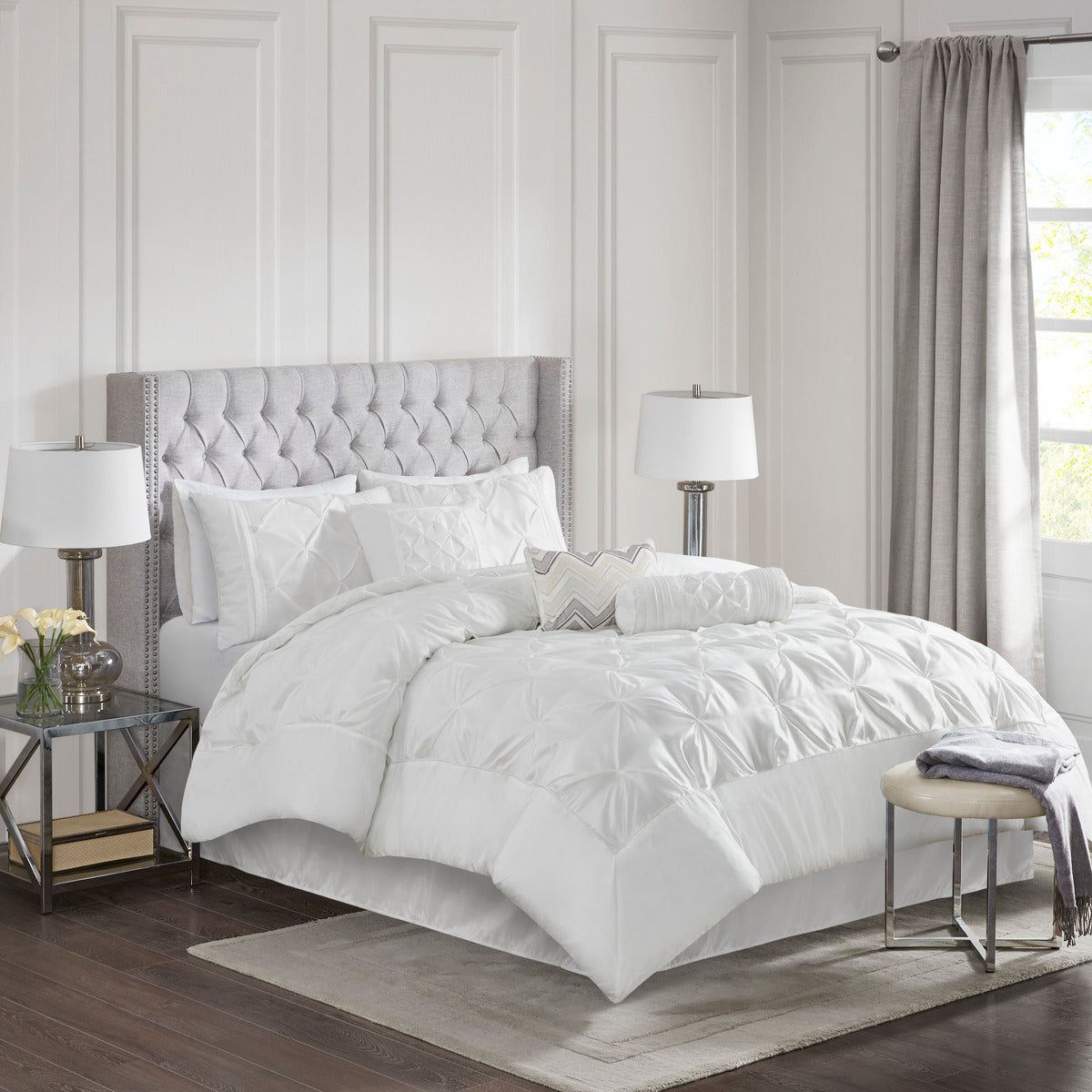 7 Piece Tufted Comforter Set with Hypoallergenic Filling - White