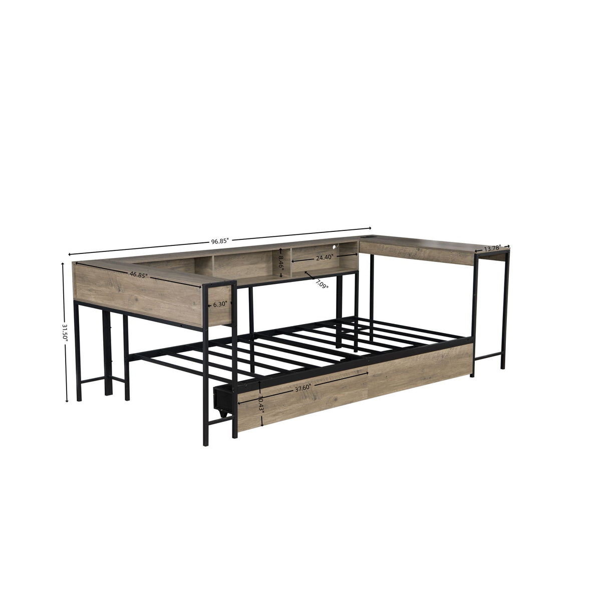 Twin Storage Bed with Bookcase, LED Light & Charging Station - Gray