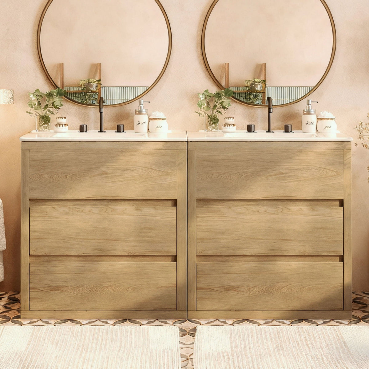 Double Sinks Bathroom Vanity Set with Ceramic Basins - Wood