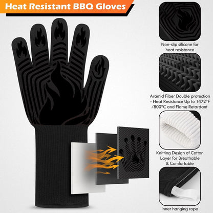 Heat Resistant BBQ Gloves with Silicone Grip - Black