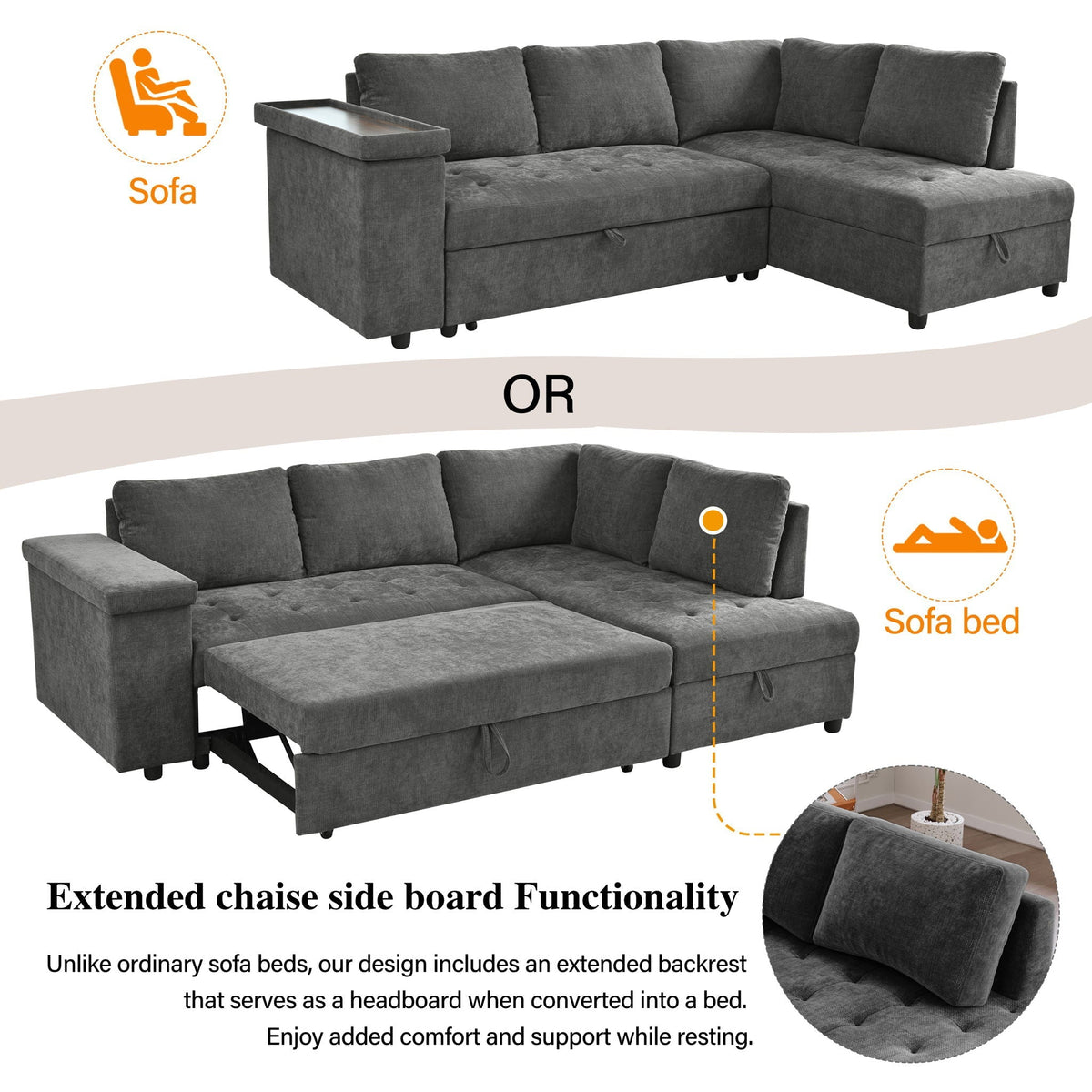 L Shaped Sleeper Sectional Sofa with Pull Out Bed and Storage - Dark Gray