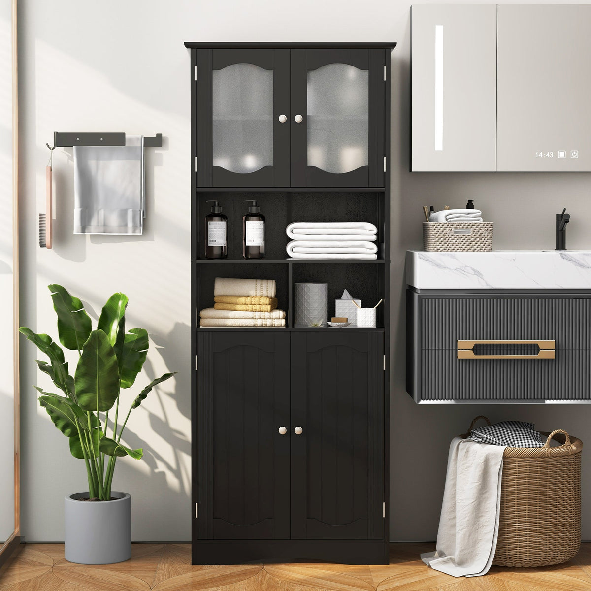 58.5 Inch Freestanding Linen Bathroom Storage Cabinet with Frost Glass Doors