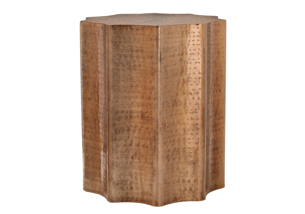 Drum Accent Side Table with Scalloped Hammered Metal Design - Beige, Bronze, Gold