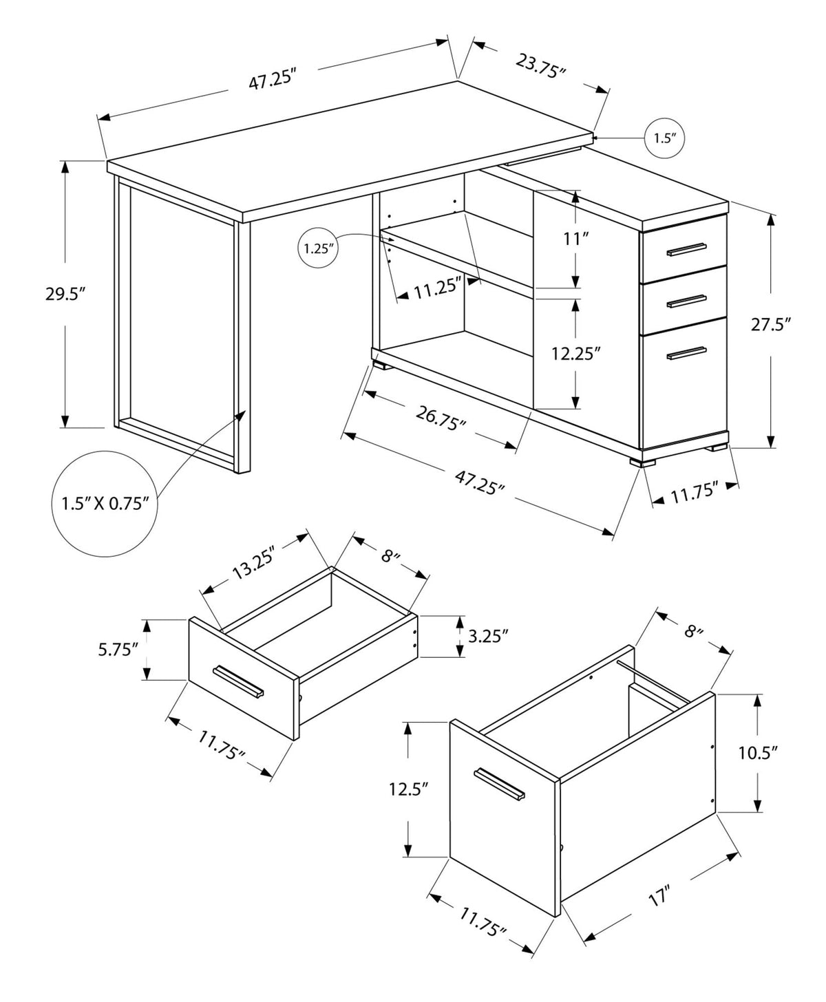 L-Shape Computer Desk with Storage Drawers - Multiple Colors