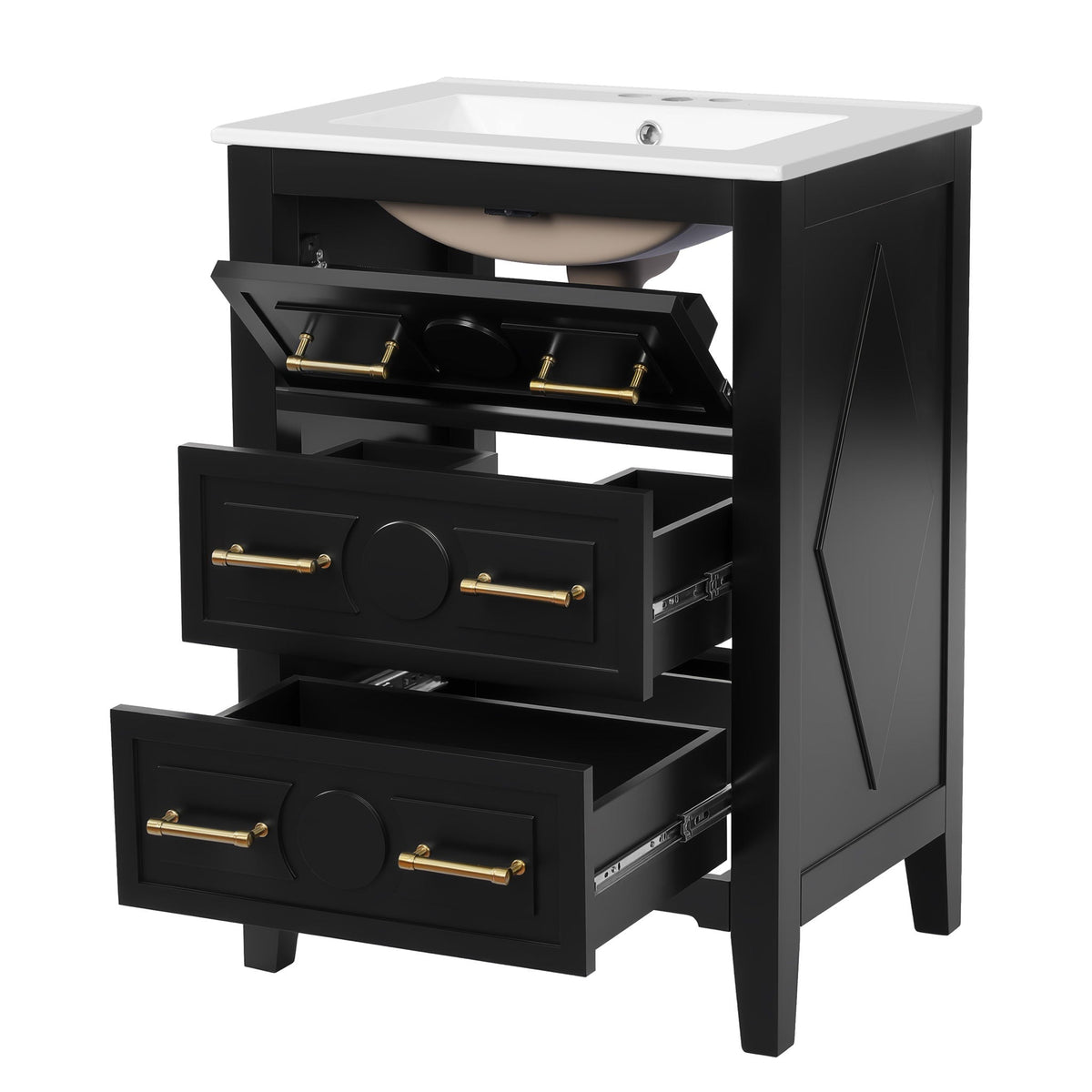 Bathroom Vanity with Sink and 3 Drawer Storage Cabinet - White or Black