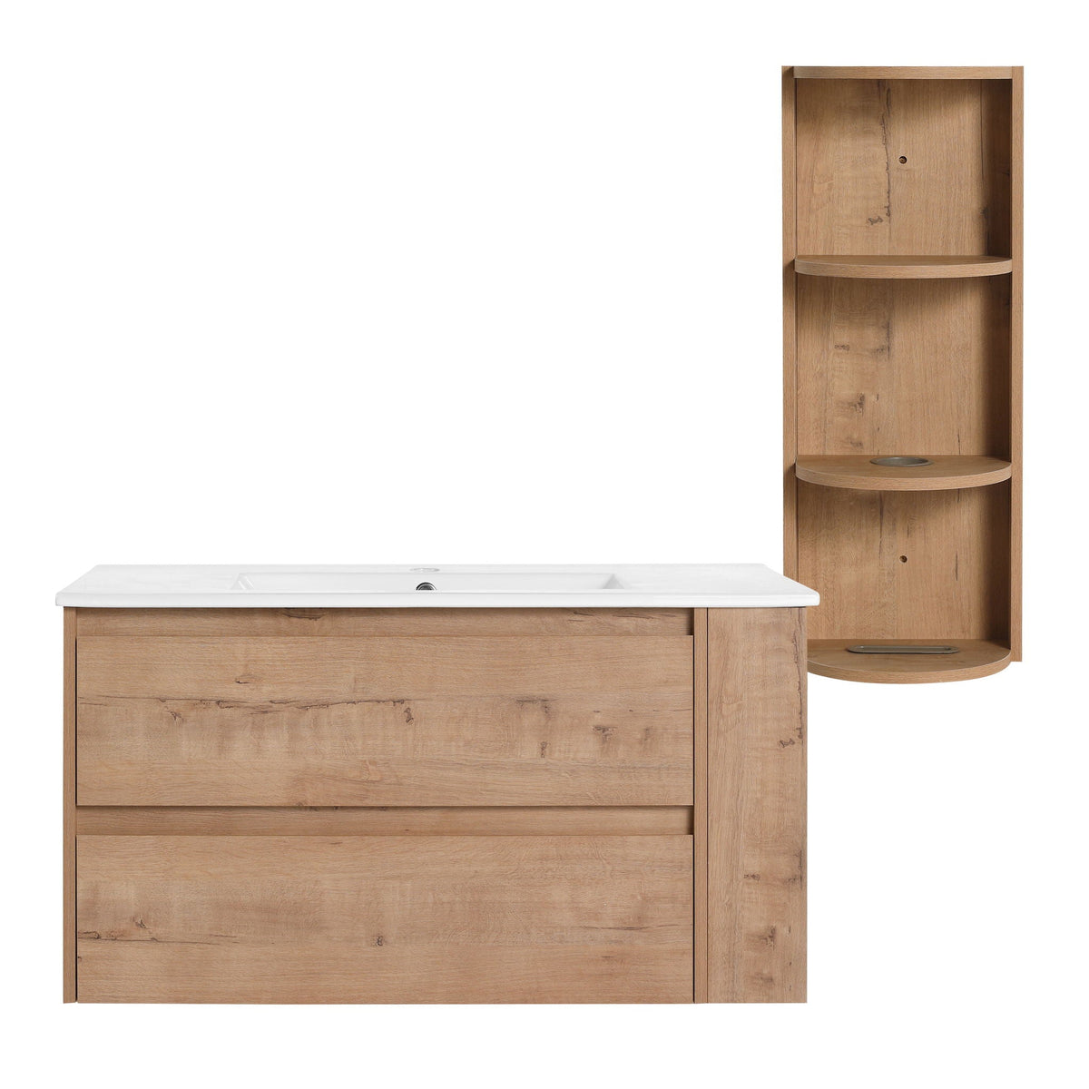 Modern Wall Mounted Bathroom Vanity with Ceramic Sink and Storage - Light Brown