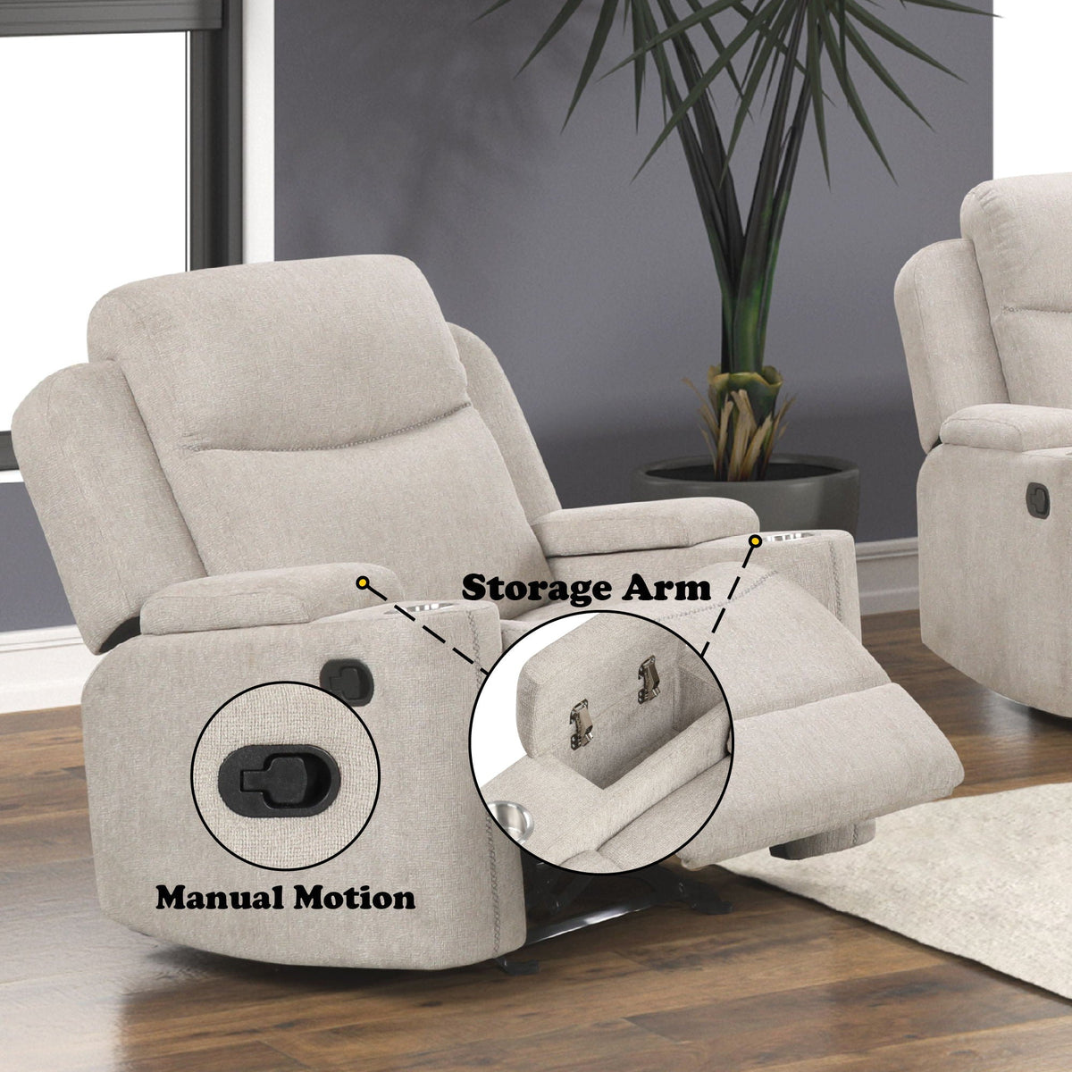 Galya Motion Glider Recliner with Storage Arms - Light Gray
