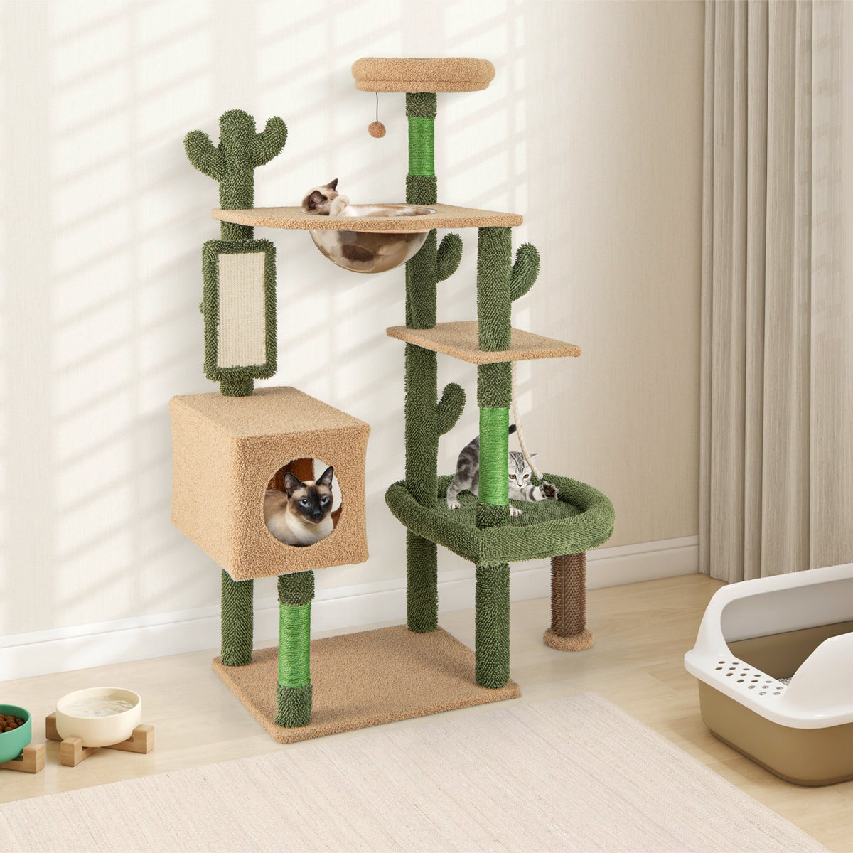 59 Inch Multilevel Cactus Cat Tree with Scratching Posts Cando Toy and Rope-Green