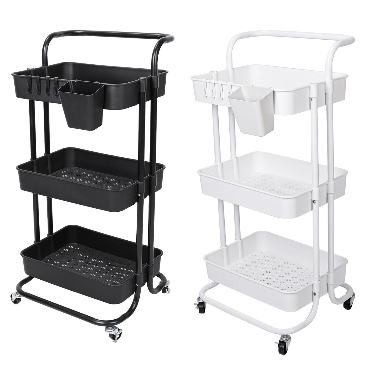 3 Tier Rolling Utility Cart Movable Storage Organizer with Mesh Baskets Lockable Wheels 360 Degree Rotatable Hanging Box Hooks Bedroom Bathroom Kitche