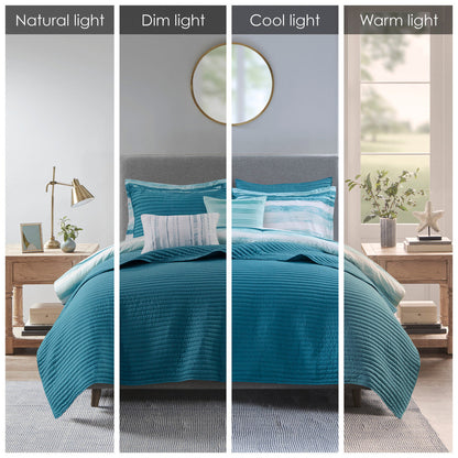 8 Piece Seersucker Comforter and Quilt Set with Hypoallergenic Fill – Aqua King/Cal King