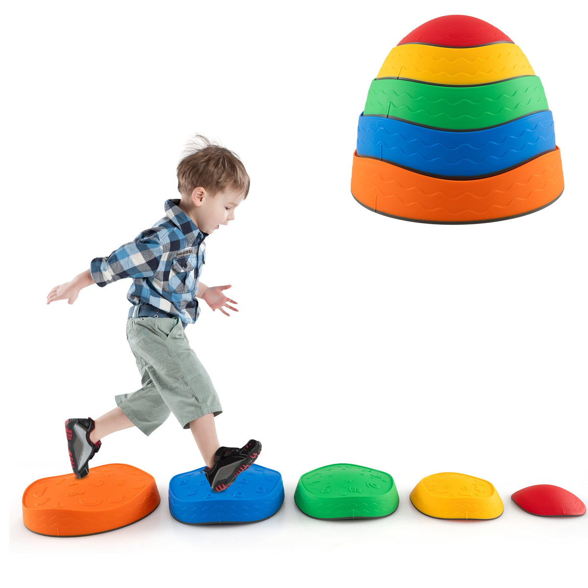 5 Pieces Kids Stepping Stones Stackable Round River Stone Indoor Outdoor-Multicolor