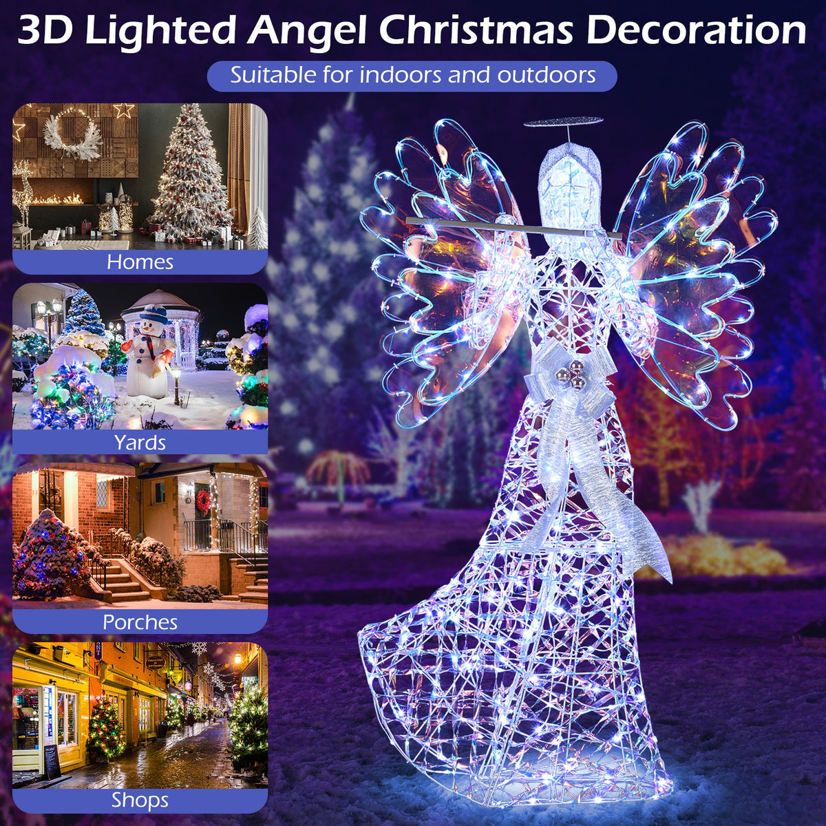 5.2 FT Lighted Angel Christmas Decoration 3D Glittering Halo Angel with Flute