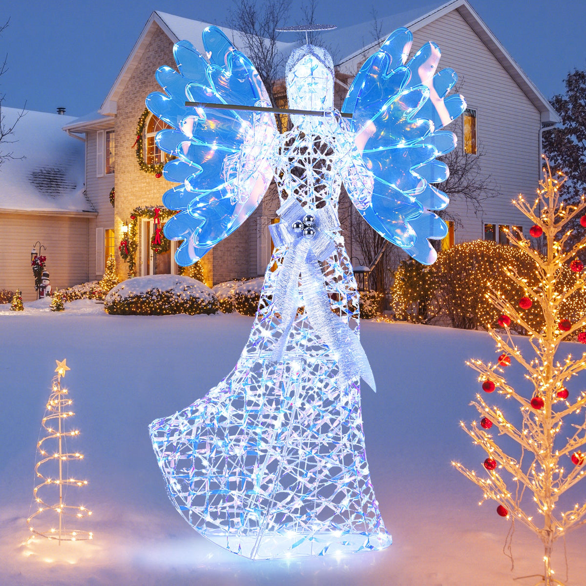 5.2 FT Lighted Angel Christmas Decoration 3D Glittering Halo Angel with Flute
