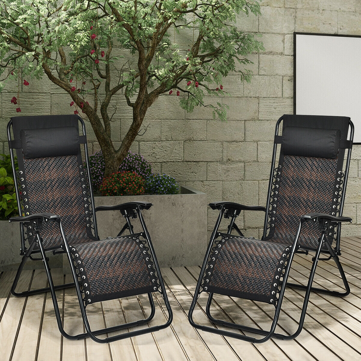 2 Pieces Folding Patio Rattan Zero Gravity Lounge Chair