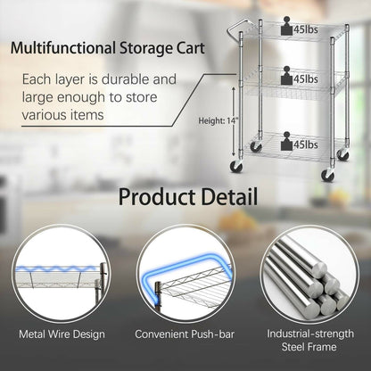 3-Tier Rolling Utility Cart with Handle Bar and Adjustable Shelves
