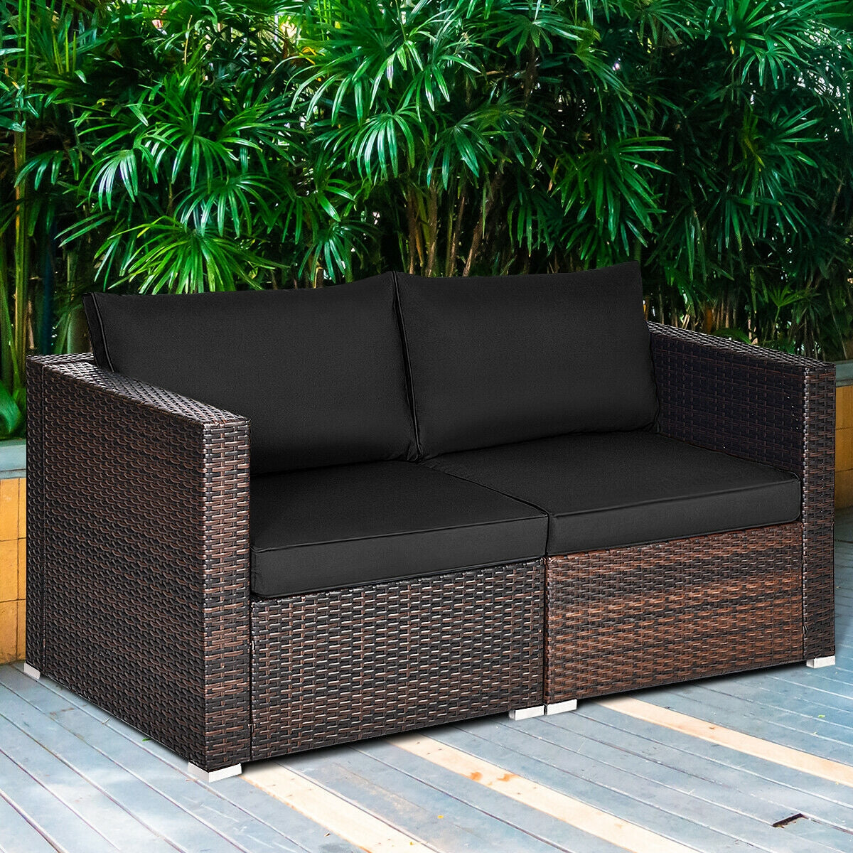 2 Pieces Patio Rattan Sectional Conversation Sofa Set-Beige
