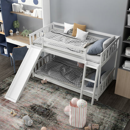 Twin over Twin Bunk Wooden Low Bed with Slide Ladder for Kids