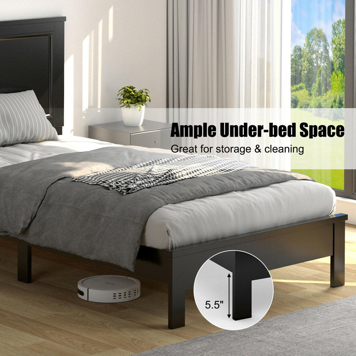 Twin Size Platform Bed Frame with Rubber Wood Leg-Black