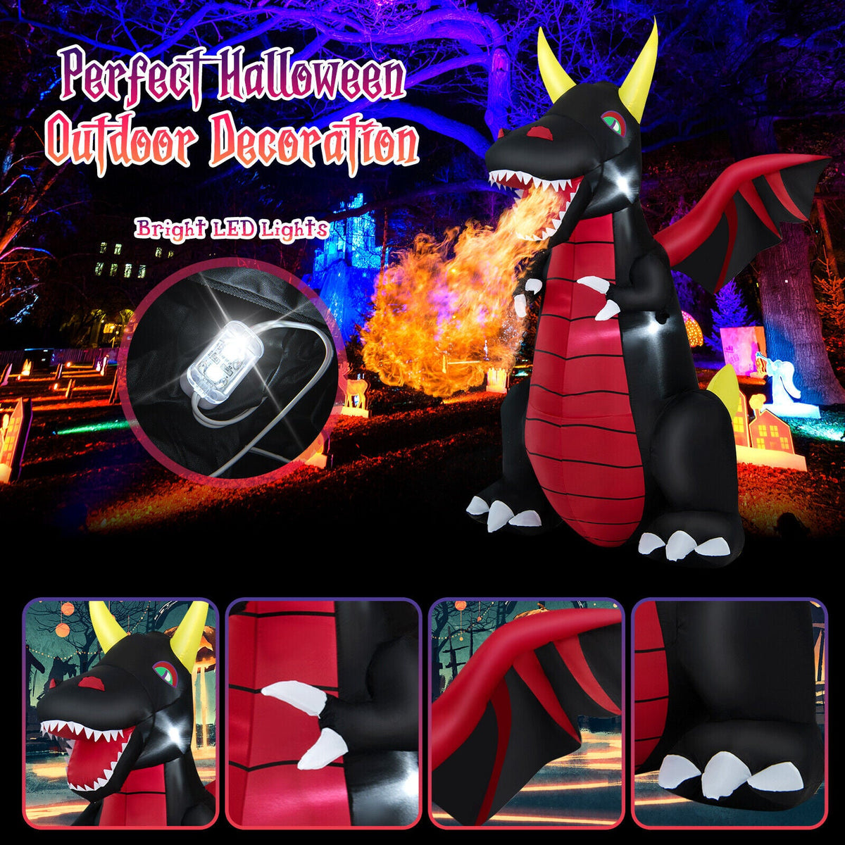 8 Feet Halloween Inflatable Fire Dragon Decoration with LED Lights