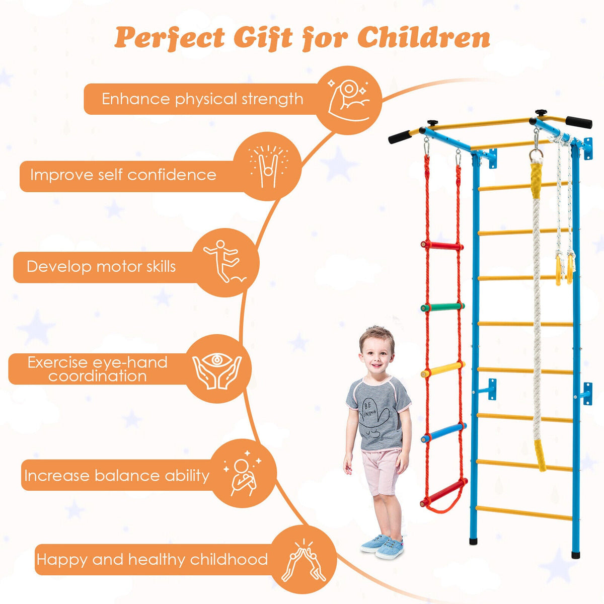 7 In 1 Kids Indoor Gym Playground Swedish Wall Ladder for Solid Wall-Yellow