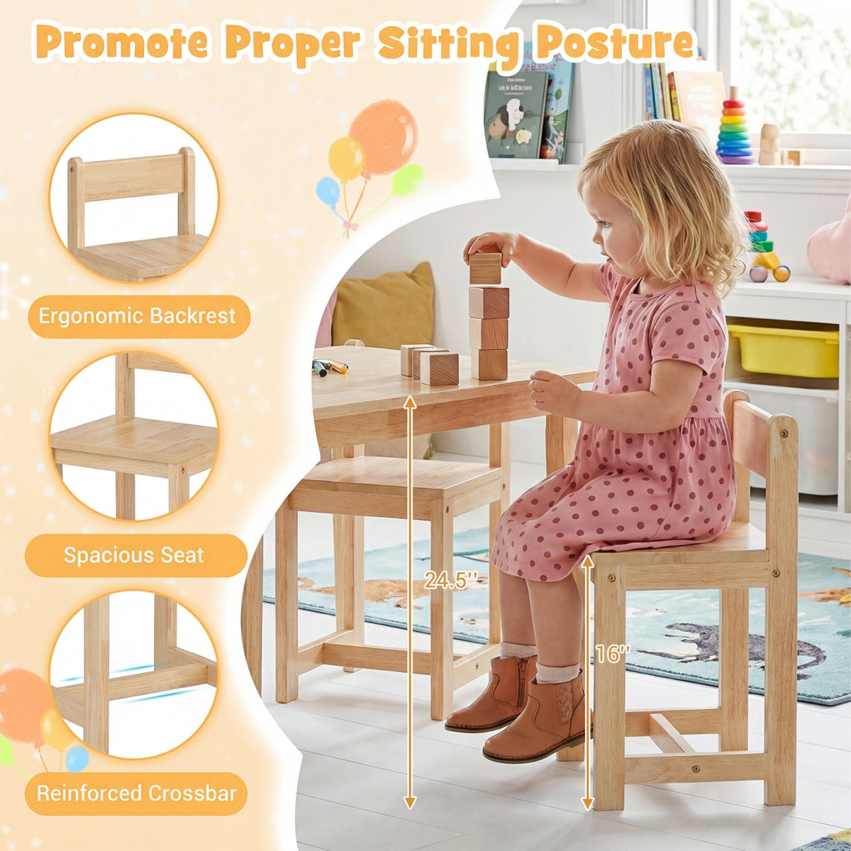 5-Piece Kids Table and Chairs Set Solid Rubber Wood Toddler Activity Table