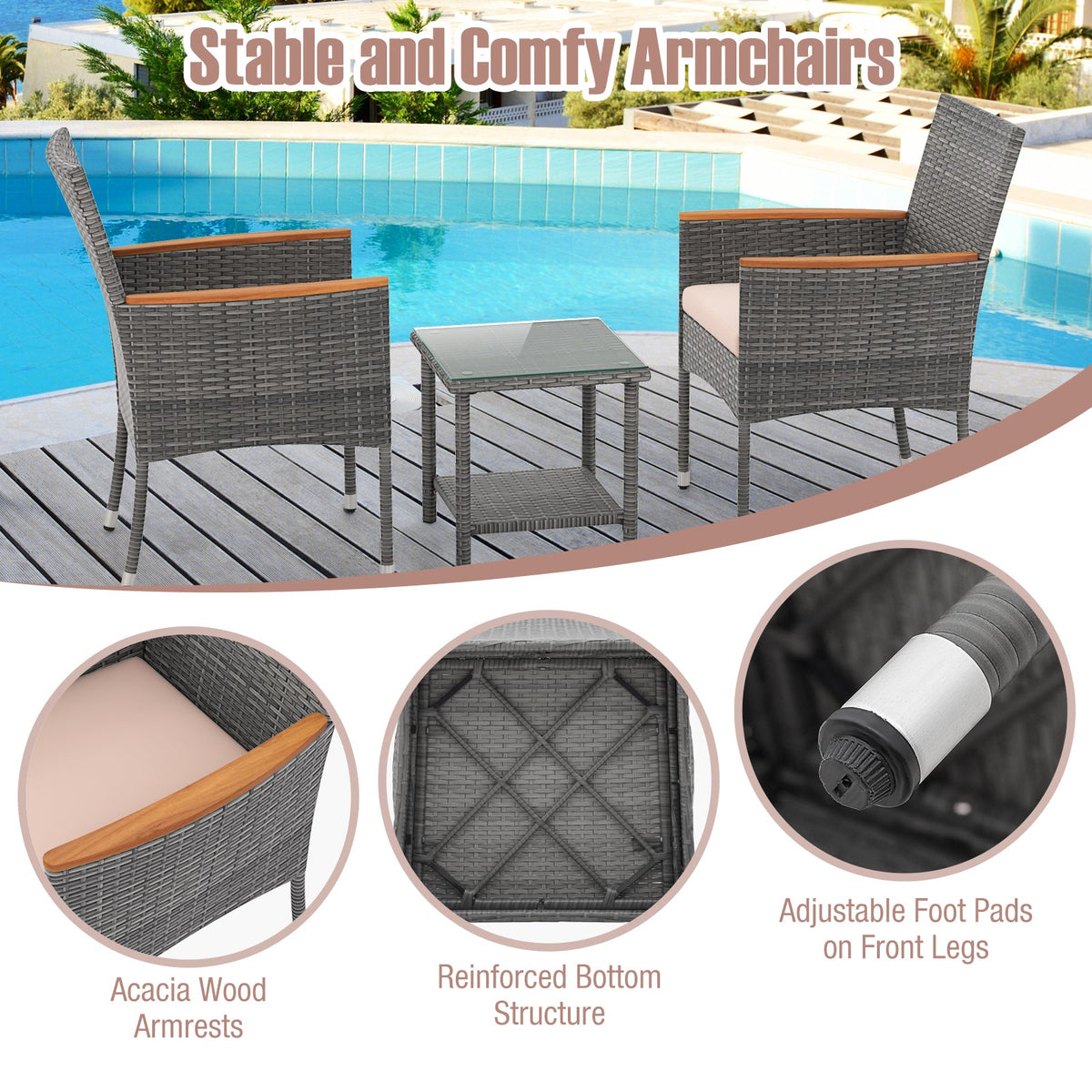 5 Pieces Patio Conversation Set with Soft Cushions and Ottomans-Beige