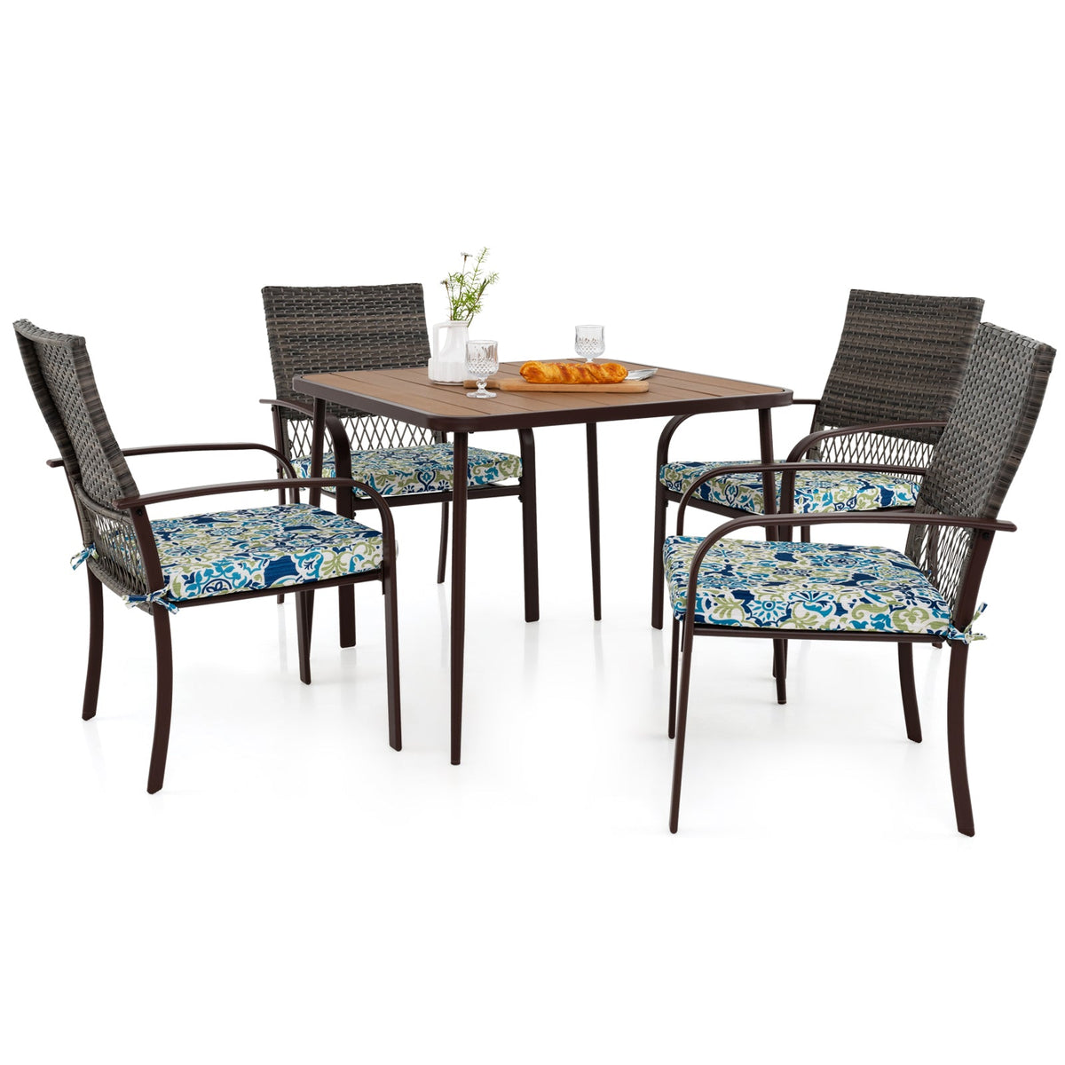 5 Pieces Patio Dining Set 4 Cushioned Rattan Armchairs and Square Table