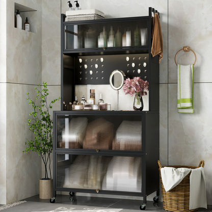 5 Tier Kitchen Bakers Rack with Lights Multifunctional Microwave Stand with Flip Door Cabinets