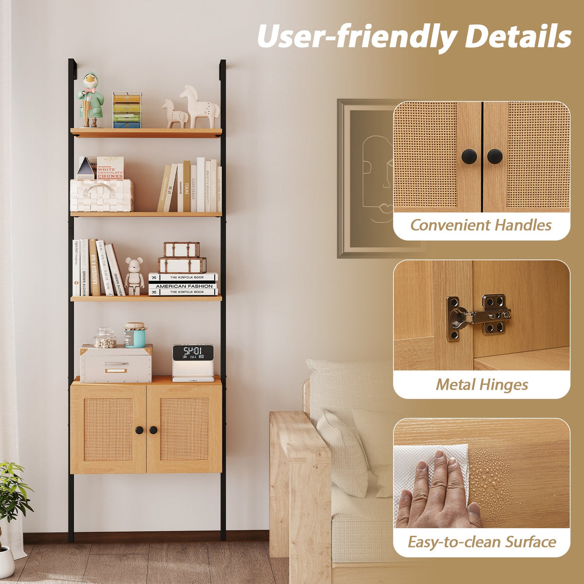 5-Tier Ladder Bookcase with Rattan Cabinet and Metal Frame-Natural