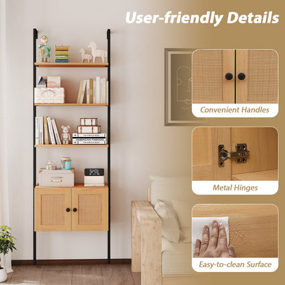 5-Tier Ladder Bookcase with Rattan Cabinet and Metal Frame-Natural