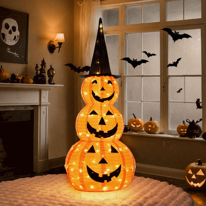 5 Feet Lighted Stacked Pumpkins Halloween Decoration with Witch Hat