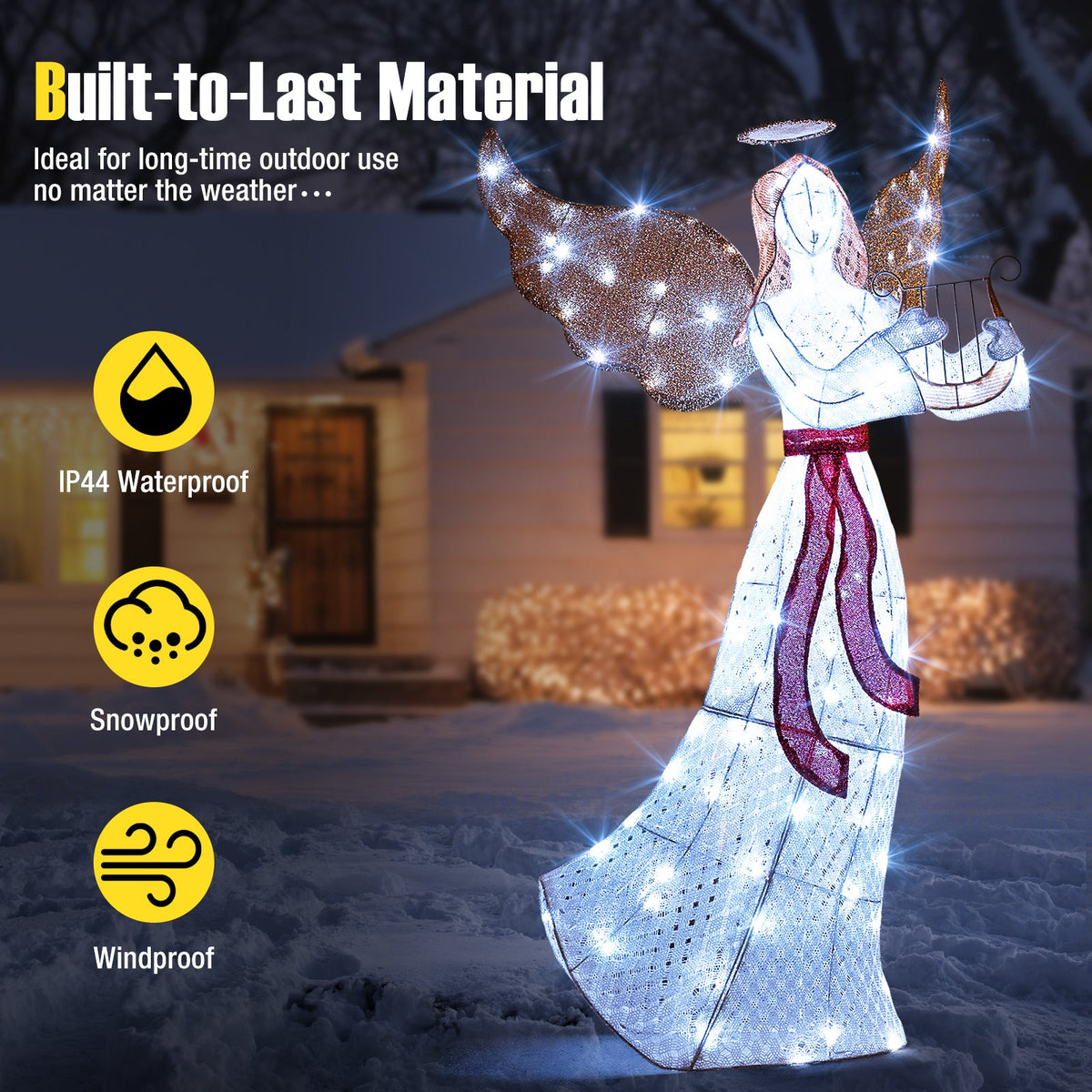 5 ft Christmas Lighted Angel with Harp and 120 Cold White LED Lights