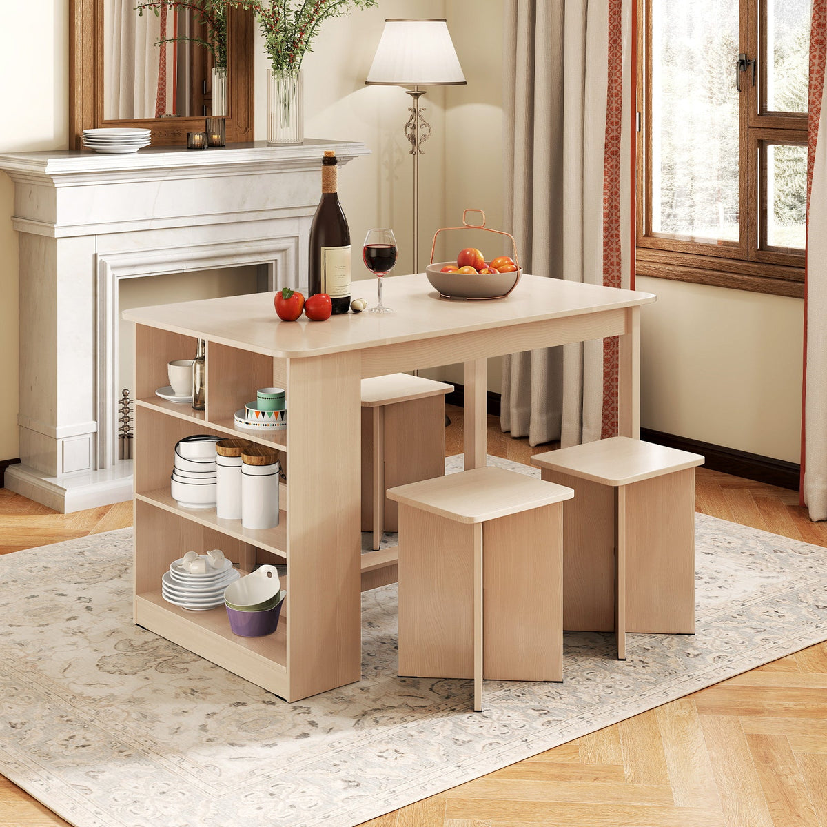 5 Pieces Dining Table Set with Storage Shelf and 4 Stools